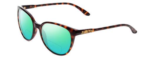 Profile View of Smith Optics Cheetah Designer Polarized Reading Sunglasses with Custom Cut Powered Green Mirror Lenses in Tortoise Havana Gold Ladies Cateye Full Rim Acetate 54 mm
