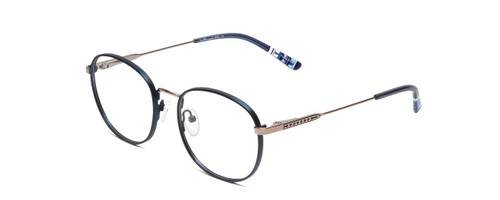 Profile View of Ernest Hemingway H4853 Designer Reading Eye Glasses with Custom Cut Powered Lenses in Metallic Blue Patterened Silver Multi-Colored Tips Unisex Round Full Rim Stainless Steel 51 mm