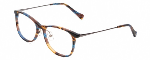 Profile View of Lucky Brand D510 Designer Reading Eye Glasses with Custom Cut Powered Lenses in Blue Brown Stripe Horn Unisex Cat Eye Full Rim Acetate 52 mm