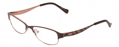 Profile View of Lucky Brand Tickle Designer Single Vision Prescription Rx Eyeglasses in Satin Brown Copper Leaf Ladies Oval Semi-Rimless Metal 49 mm