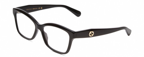 Profile View of GUCCI GG0798O Designer Blue Light Blocking Eyeglasses in Gloss Black Gold Ladies Cat Eye Full Rim Acetate 55 mm