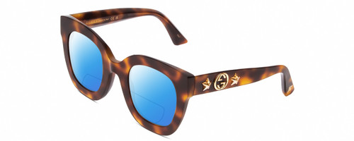 Profile View of GUCCI GG0208S Designer Polarized Reading Sunglasses with Custom Cut Powered Blue Mirror Lenses in Tortoise Havana Gold Ladies Cat Eye Full Rim Acetate 49 mm