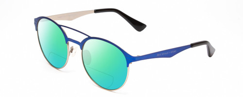 Profile View of Prive Revaux Laguna Designer Polarized Reading Sunglasses with Custom Cut Powered Green Mirror Lenses in Matte Royal Blue/Silver/Black Unisex Aviator Full Rim Metal 52 mm