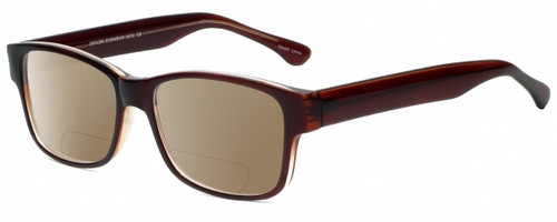 Profile View of 2000 and Beyond 3079 Designer Polarized Reading Sunglasses with Custom Cut Powered Amber Brown Lenses in Gloss Brown Unisex Square Full Rim Acetate 60 mm