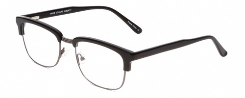 Profile View of Times Square Liberty Designer Reading Eye Glasses with Custom Cut Powered Lenses in Black GunMetal Silver Unisex Panthos Semi-Rimless Metal 55 mm