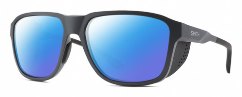 Profile View of Smith Optics Embark Designer Polarized Sunglasses with Custom Cut Blue Mirror Lenses in Matte Slate Grey Unisex Wrap Full Rim Acetate 58 mm
