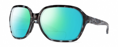 Profile View of Smith Optics Whitney Designer Polarized Reading Sunglasses with Custom Cut Powered Green Mirror Lenses in Sky Tortoise Havana Blue Black Marble Ladies Oversized Full Rim Acetate 61 mm