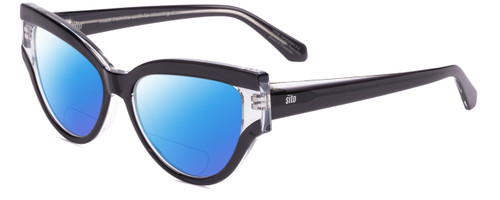 Profile View of SITO SHADES ALLNIGHTER Designer Polarized Reading Sunglasses with Custom Cut Powered Blue Mirror Lenses in Black Clear Crystal Ladies Cat Eye Full Rim Acetate 56 mm