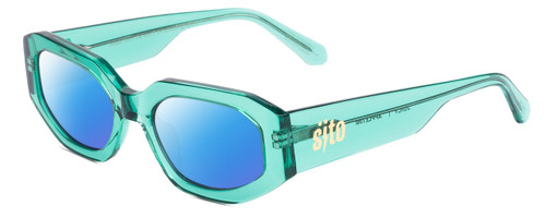 Profile View of SITO SHADES JUICY Designer Polarized Sunglasses with Custom Cut Blue Mirror Lenses in Appletini Blue Crystal Ladies Square Full Rim Acetate 53 mm