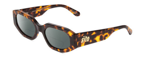 Profile View of SITO SHADES JUICY Designer Polarized Reading Sunglasses with Custom Cut Powered Smoke Grey Lenses in Honey Tortoise Havana Ladies Square Full Rim Acetate 53 mm