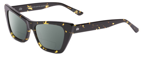 Profile View of SITO SHADES WONDERLAND Designer Polarized Reading Sunglasses with Custom Cut Powered Smoke Grey Lenses in Limeade Black Yellow Tortoise Ladies Cat Eye Full Rim Acetate 54 mm