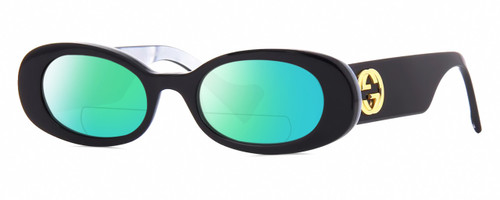 Profile View of Gucci GG0517S Designer Polarized Reading Sunglasses with Custom Cut Powered Green Mirror Lenses in Black Blue Opal Marble Gold Ladies Oval Full Rim Acetate 52 mm