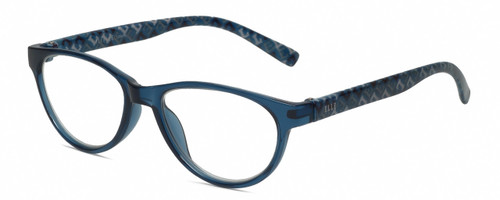 Profile View of Elle EL15579R Designer Reading Eye Glasses with Custom Cut Powered Lenses in Crystal Blue Logo Letter Black White Ladies Oval Full Rim Acetate 51 mm