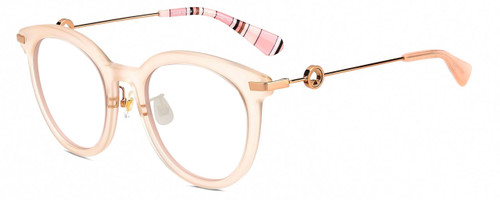Profile View of Kate Spade KEESEY Designer Reading Eye Glasses with Custom Cut Powered Lenses in Gloss Blush Pink Crystal Rose Gold Black Stripes Ladies Cat Eye Full Rim Acetate 53 mm