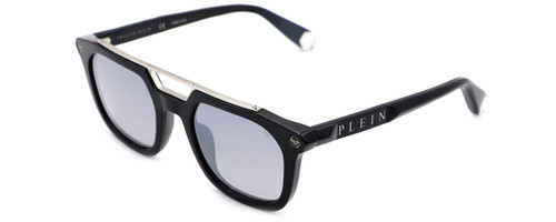 Profile View of Philipp Plein SPP001M Unisex Square Sunglasses in Black/Grey Silver Mirror 51 mm