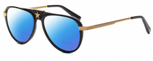 Profile View of Elton John CAPTAIN FANTASTIC Designer Polarized Reading Sunglasses with Custom Cut Powered Blue Mirror Lenses in Gloss Black Gold Unisex Pilot Full Rim Acetate 56 mm