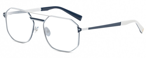 Profile View of Elton John DODGER STADIUM Designer Reading Eye Glasses with Custom Cut Powered Lenses in White Royal Blue Unisex Hexagonal Full Rim Stainless Steel 56 mm