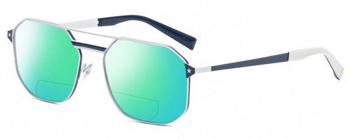 Profile View of Elton John DODGER STADIUM Designer Polarized Reading Sunglasses with Custom Cut Powered Green Mirror Lenses in White Royal Blue Unisex Hexagonal Full Rim Stainless Steel 56 mm