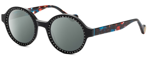 Profile View of Elton John WIZARD Designer Polarized Sunglasses with Custom Cut Smoke Grey Lenses in Black Red Blue Psychedelic Rainbow Multicolor Ladies Round Full Rim Acetate 48 mm