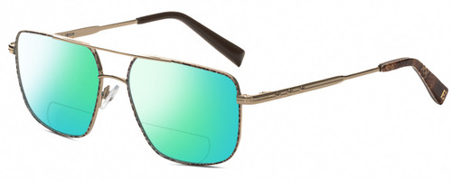 Profile View of Elton John KING Designer Polarized Reading Sunglasses with Custom Cut Powered Green Mirror Lenses in Shiny Gold Beige Brown Snakeskin Pattern Unisex Square Full Rim Metal 55 mm