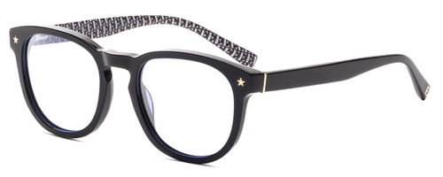 Profile View of Elton John SONATA Designer Reading Eye Glasses with Custom Cut Powered Lenses in Vinyl Black White E Pattern Unisex Panthos Full Rim Acetate 48 mm