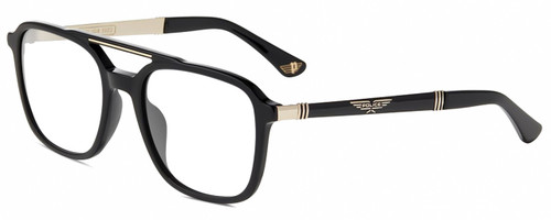 Profile View of Police SPLA53 Designer Blue Light Blocking Eyeglasses in Gloss Black Gold Unisex Panthos Full Rim Acetate 55 mm