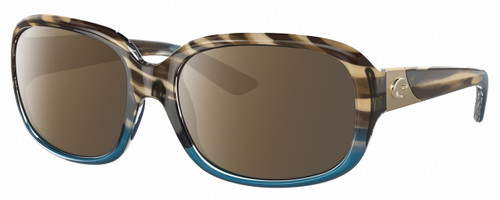 Profile View of Costa Del Mar Gannet Designer Polarized Sunglasses with Custom Cut Amber Brown Lenses in Shiny Brown Clear Blue Crystal Wahoo Gold Ladies Square Full Rim Acetate 58 mm