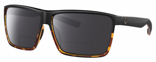 Profile View of Costa Del Mar Rincon Designer Polarized Reading Sunglasses with Custom Cut Powered Smoke Grey Lenses in Matte Black Shiny Amber Brown Tortoise Havana Unisex Square Full Rim Acetate 63 mm