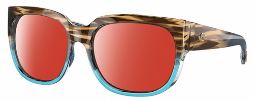 Profile View of Costa Del Mar Waterwoman II Designer Polarized Sunglasses with Custom Cut Red Mirror Lenses in Shiny Brown Beige Blue Clear Crystal Wahoo Ladies Cat Eye Full Rim Acetate 58 mm