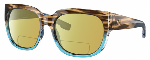 Profile View of Costa Del Mar Waterwoman II Designer Polarized Reading Sunglasses with Custom Cut Powered Sun Flower Yellow Lenses in Shiny Brown Beige Blue Clear Crystal Wahoo Ladies Cat Eye Full Rim Acetate 58 mm