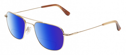 Profile View of American Optical Checkmate Designer Polarized Reading Sunglasses with Custom Cut Powered Blue Mirror Lenses in Shiny Gold Amber Brown Unisex Pilot Full Rim Metal 56 mm