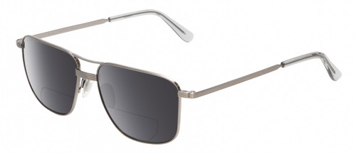 Profile View of American Optical Airman Designer Polarized Reading Sunglasses with Custom Cut Powered Smoke Grey Lenses in Satin Pewter Grey Clear Unisex Pilot Full Rim Metal 56 mm