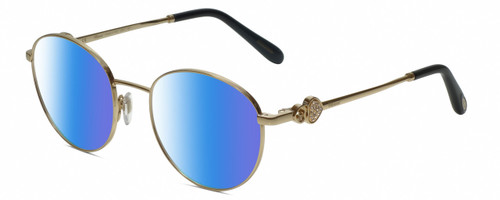 Profile View of Chopard VCHC52S-0300 Designer Polarized Sunglasses with Custom Cut Blue Mirror Lenses in Shiny 23KT Gold Plated/Black/Heart Gemstone Accent Ladies Round Full Rim Metal 51 mm