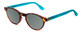 Profile View of Ann Taylor ATR030 Designer Polarized Sunglasses with Custom Cut Smoke Grey Lenses in Tortoise Brown Gold Turquoise Crystal Blue Ladies Round Full Rim Acetate 47 mm