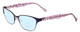 Profile View of Lucky Brand D100 Designer Progressive Lens Blue Light Blocking Eyeglasses in Purple Cheetah Lavender Ladies Oval Full Rim Metal 52 mm with Blue Light Zone functionality illustration laid over the lens