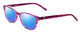 Profile View of Jones New York J759 Designer Polarized Sunglasses with Custom Cut Blue Mirror Lenses in Pink Crystal Stripe Ladies Classic Full Rim Acetate 52 mm