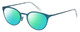 Profile View of Eyebobs Jim Dandy Designer Polarized Reading Sunglasses with Custom Cut Powered Green Mirror Lenses in Satin Teal Blue Crystal Unisex Round Full Rim Metal 50 mm
