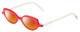 Profile View of Eyebobs Peep Show Designer Polarized Sunglasses with Custom Cut Red Mirror Lenses in Red Crystal White Marble Ladies Cateye Full Rim Acetate 46 mm