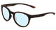 Profile View of Smith Optics Eastbank Designer Progressive Lens Blue Light Blocking Eyeglasses in Matte Tortoise Havana Brown Gold Unisex Round Full Rim Acetate 52 mm with Blue Light Zone functionality illustration laid over the lens