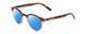 Profile View of Coyote Crosstown Designer Polarized Sunglasses with Custom Cut Blue Mirror Lenses in Tortoise Amber Unisex Round Full Rim Acetate 47 mm