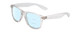 Profile View of Coyote P-23 Designer Progressive Lens Blue Light Blocking Eyeglasses in Crystal Clear Grey Unisex Square Full Rim Acetate 51 mm with Blue Light Zone functionality illustration laid over the lens