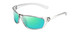 Profile View of Coyote P-38 Designer Polarized Reading Sunglasses with Custom Cut Powered Green Mirror Lenses in Crystal Grey Unisex Wrap Full Rim Acetate 65 mm