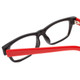 Close Up View of SOHO 1010 Designer Reading Eye Glasses with Custom Cut Powered Lenses in Gloss Black Red Ladies Rectangle Full Rim Acetate 50 mm