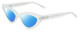 Profile View of SITO SHADES DIRTY EPIC Designer Polarized Sunglasses with Custom Cut Blue Mirror Lenses in Mercury White Grey Crystal Ladies Cat Eye Full Rim Acetate 55 mm