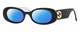 Profile View of Gucci GG0517S Designer Polarized Reading Sunglasses with Custom Cut Powered Blue Mirror Lenses in Black Blue Opal Marble Gold Ladies Oval Full Rim Acetate 52 mm