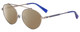 Profile View of Elton John DREAMER 3 Designer Polarized Sunglasses with Custom Cut Amber Brown Lenses in Platinum Silver Cobalt Blue Glitter Unisex Round Full Rim Metal 54 mm