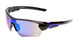 Profile View of Calabria Overhead Slam Unisex Men Women Pickleball Sunglasses Protective Glasses in Gloss Black Metallic Blue Frame with Blue Mirror Lens