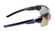 Side View of Calabria Overhead Slam Unisex Men Women Pickleball Sunglasses Protective Glasses in Gloss Black Metallic Blue Frame with Blue Mirror Lens