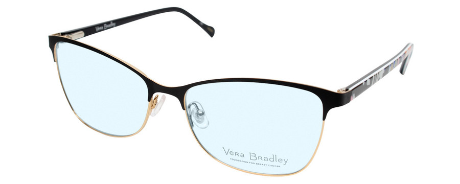 Profile View of Vera Bradley SUZANA Designer Blue Light Blocking Eyeglasses in Pretty Posies Floral Black Gold Ladies Cateye Full Rim Metal 55 mm