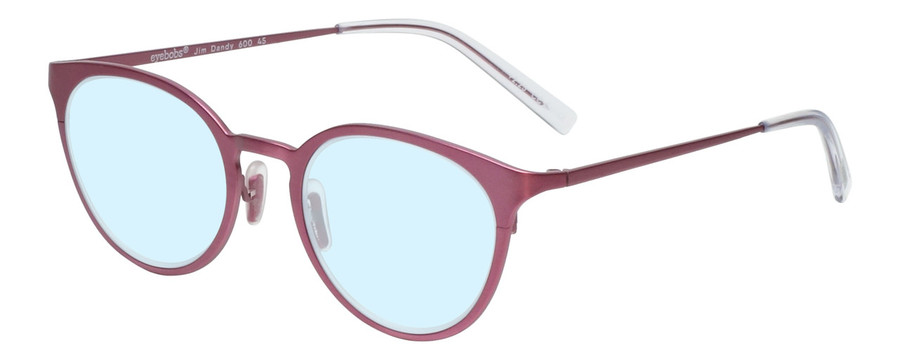Profile View of Eyebobs Jim Dandy Designer Blue Light Blocking Eyeglasses in Satin Fuchsia Pink Purple Unisex Round Full Rim Metal 50 mm